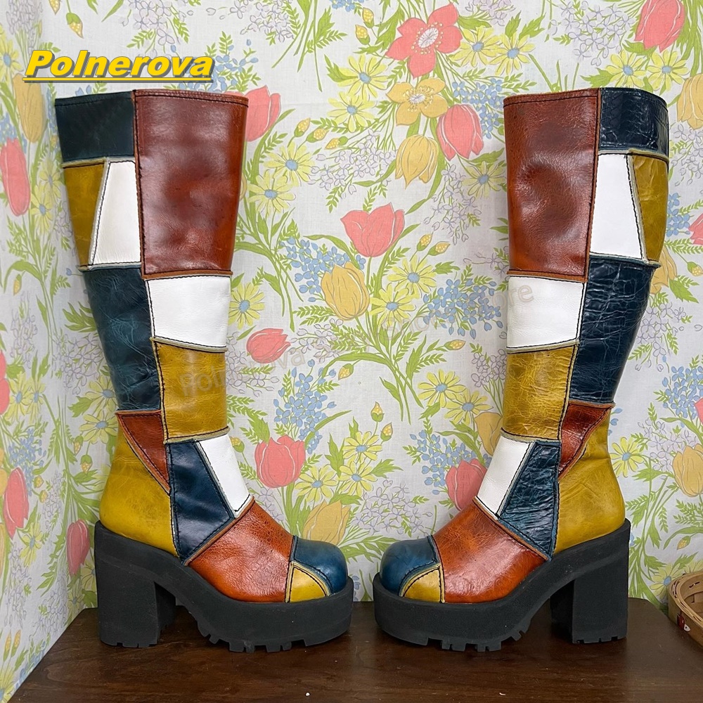 Vintage Y2K - Sepatu Boots Kulit Wanita Retro Patchwork