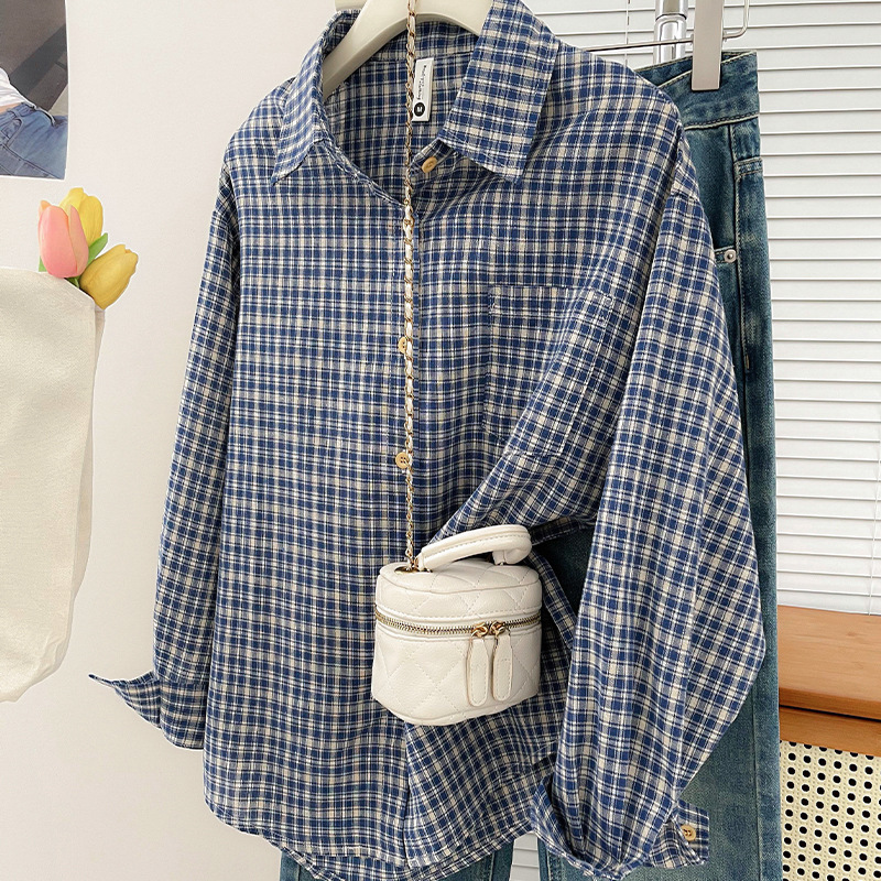 Vintage Old Fashion - Kemeja Kotak-kotak Vintage Gaya Korea Atasan