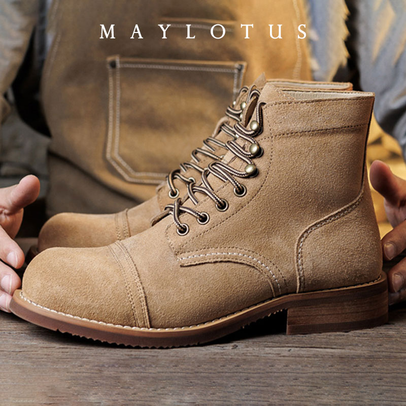 Vintage Old Fashion - Sepatu Boot Suede Goodyear-Welted untuk Motor,